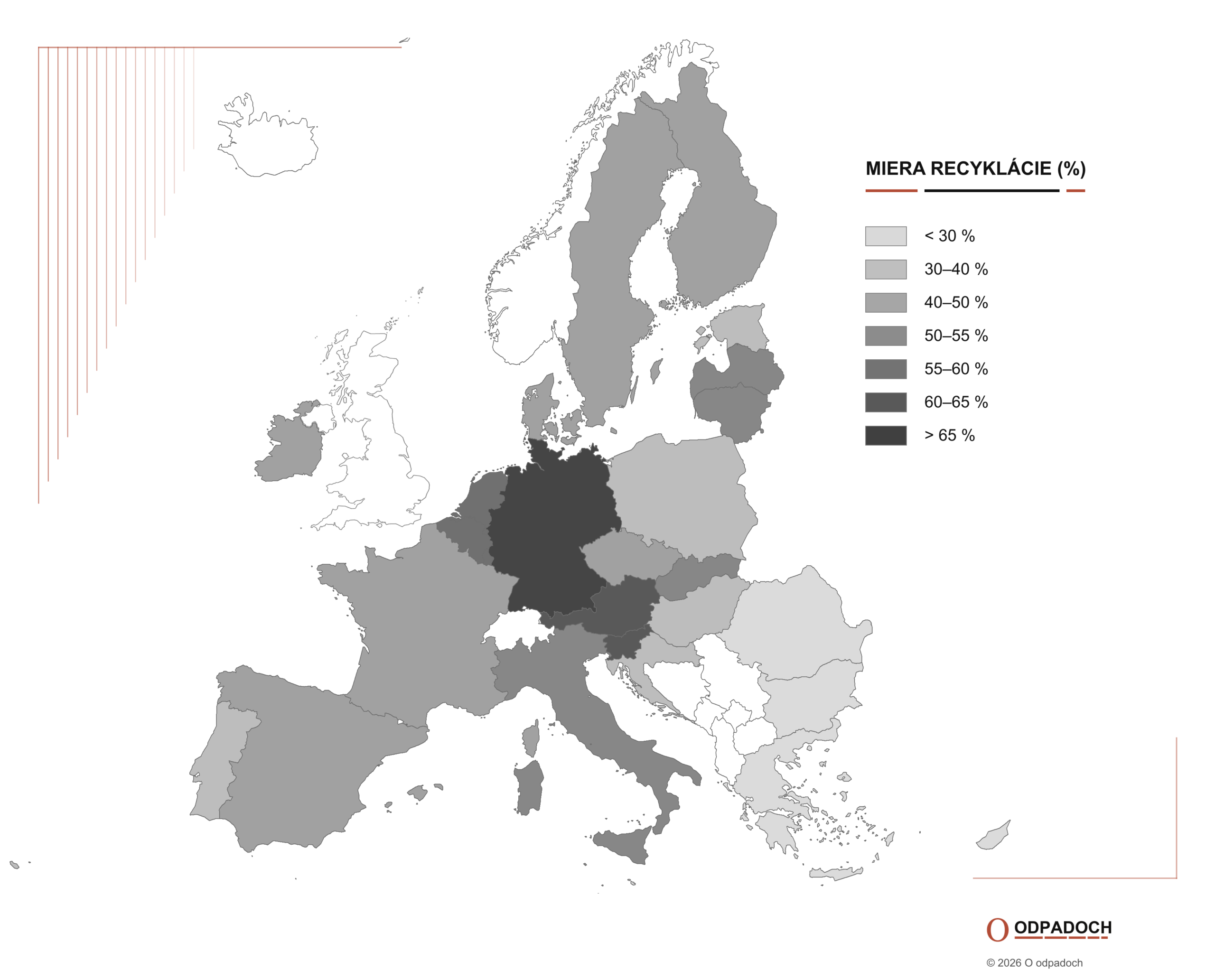 Mapa miery recyklácie komunálneho odpadu v 27 štátoch Európskej únie v roku 2024.